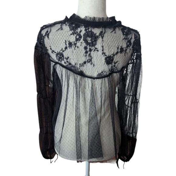 Zara Woman Embroidered sheer Tulle Top Witchy velvet Bow Black Size L - Picture 15 of 16